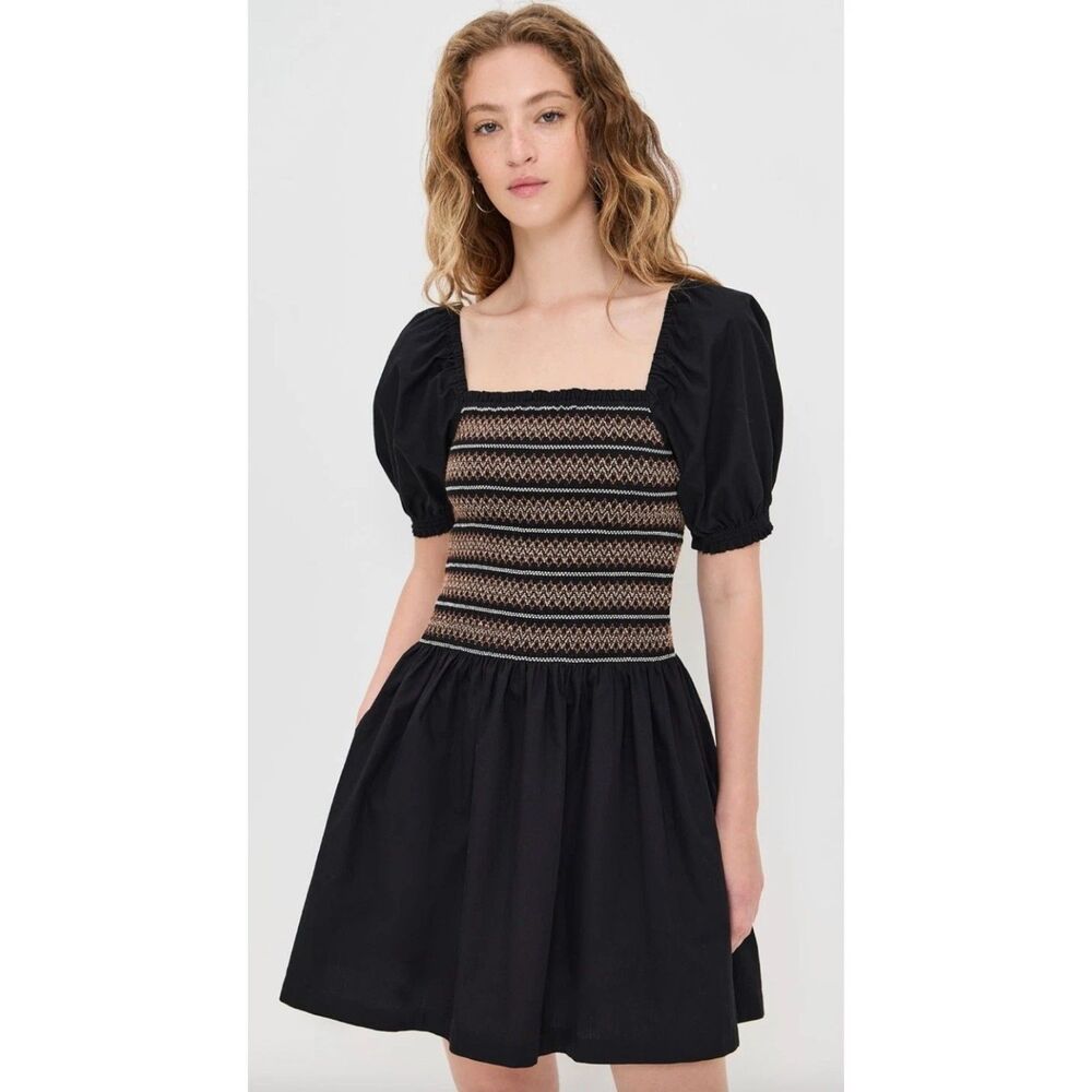 Madewell 100% Cotton Black Smocked Poplin Puff Sleeve Mini Dress Sz XS $128 NWT